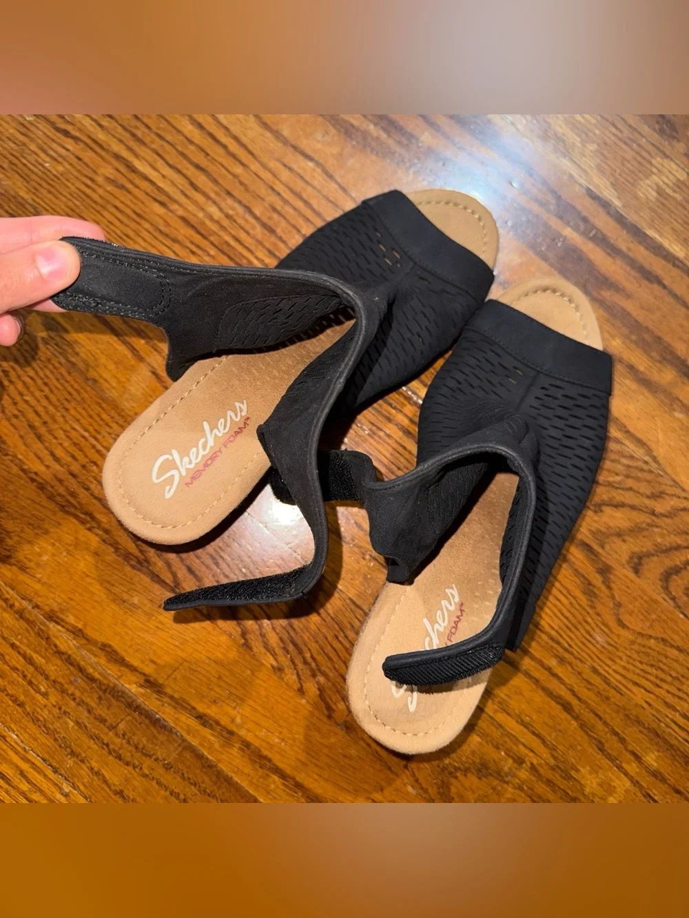 Sketchers memory form Black Perforated Peep-Toe Wedge Sandals - Women's